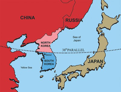 A map depicting the political division of Korea into north and south on the eve of the Korean War. 